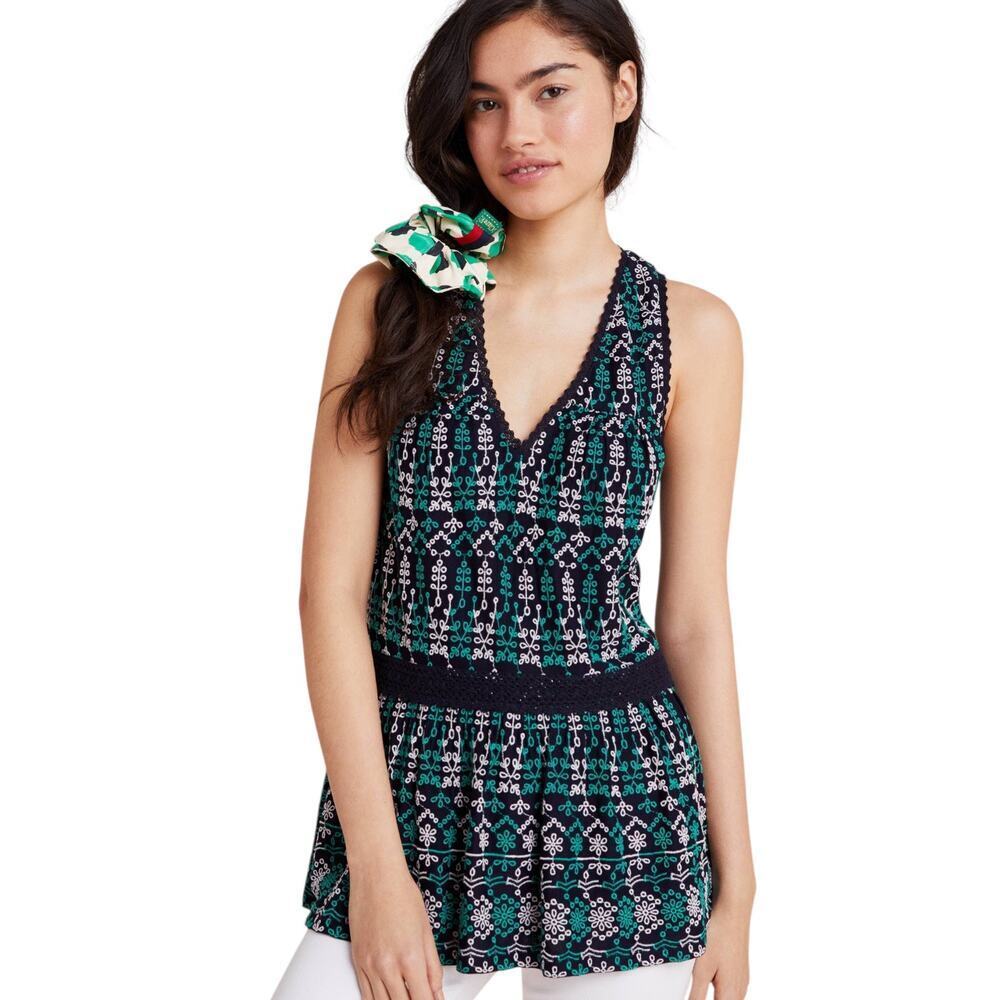 Anthropologie Maeve Cammie Embroidered Peplum Top Blue & Green Large